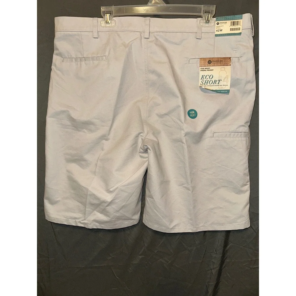 Haggar Mens 42W Flat Front Eco‎ Short Khaki Flex Waist Phone Pocket NWT